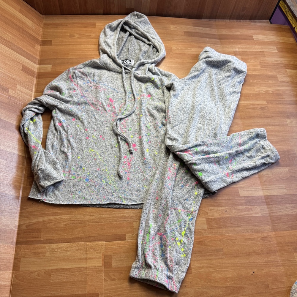 Rock candy multi color paint splatter pattern hooded sweatsuit girls med gray